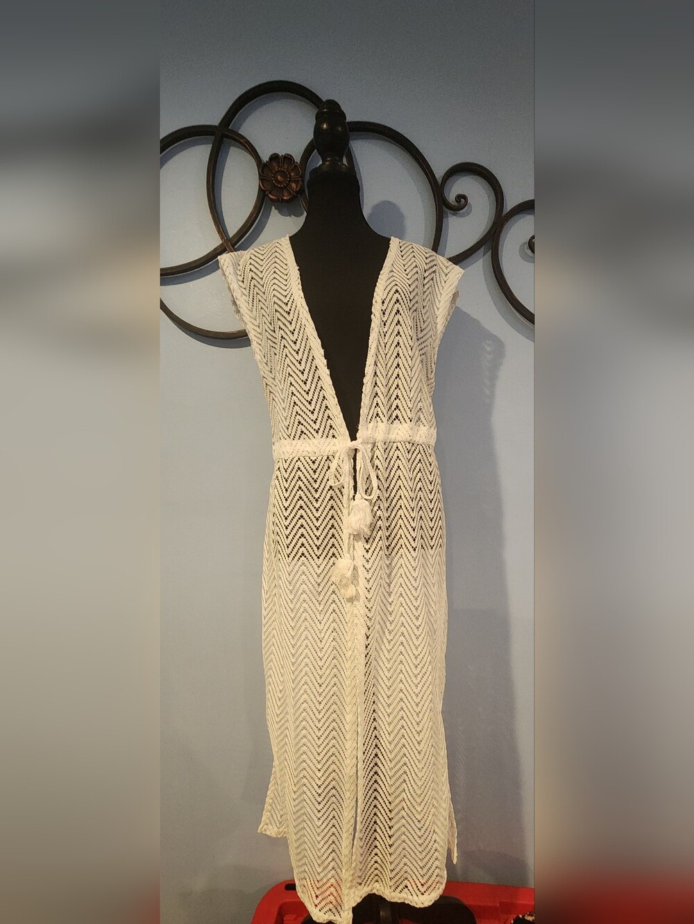 Aruba Blue Chevron Pattern Cover Up with Tie Waist In White